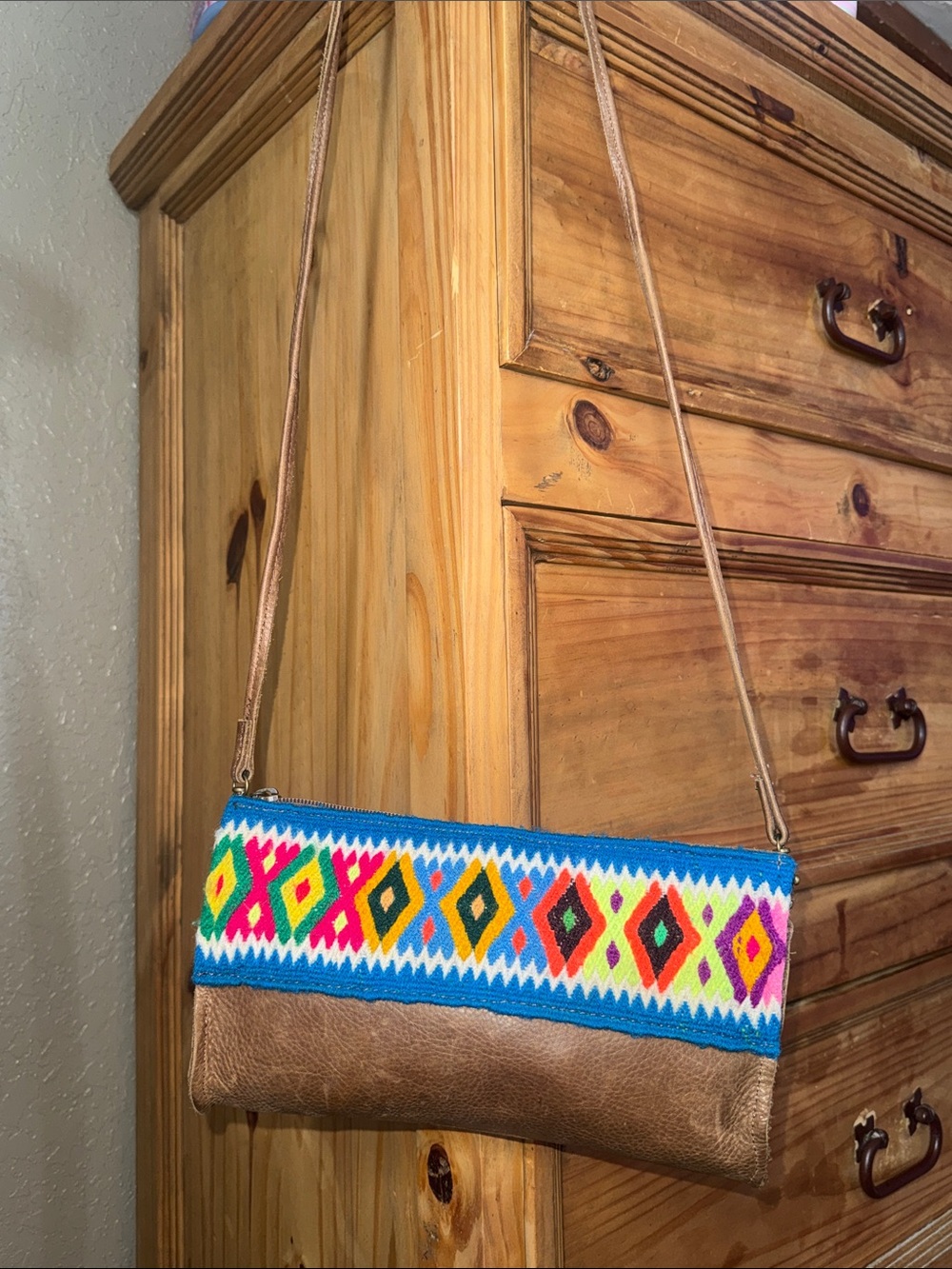 Two Bar West Woven Aztec Accent Crossbody Bag in Multicolor and Brown Leather